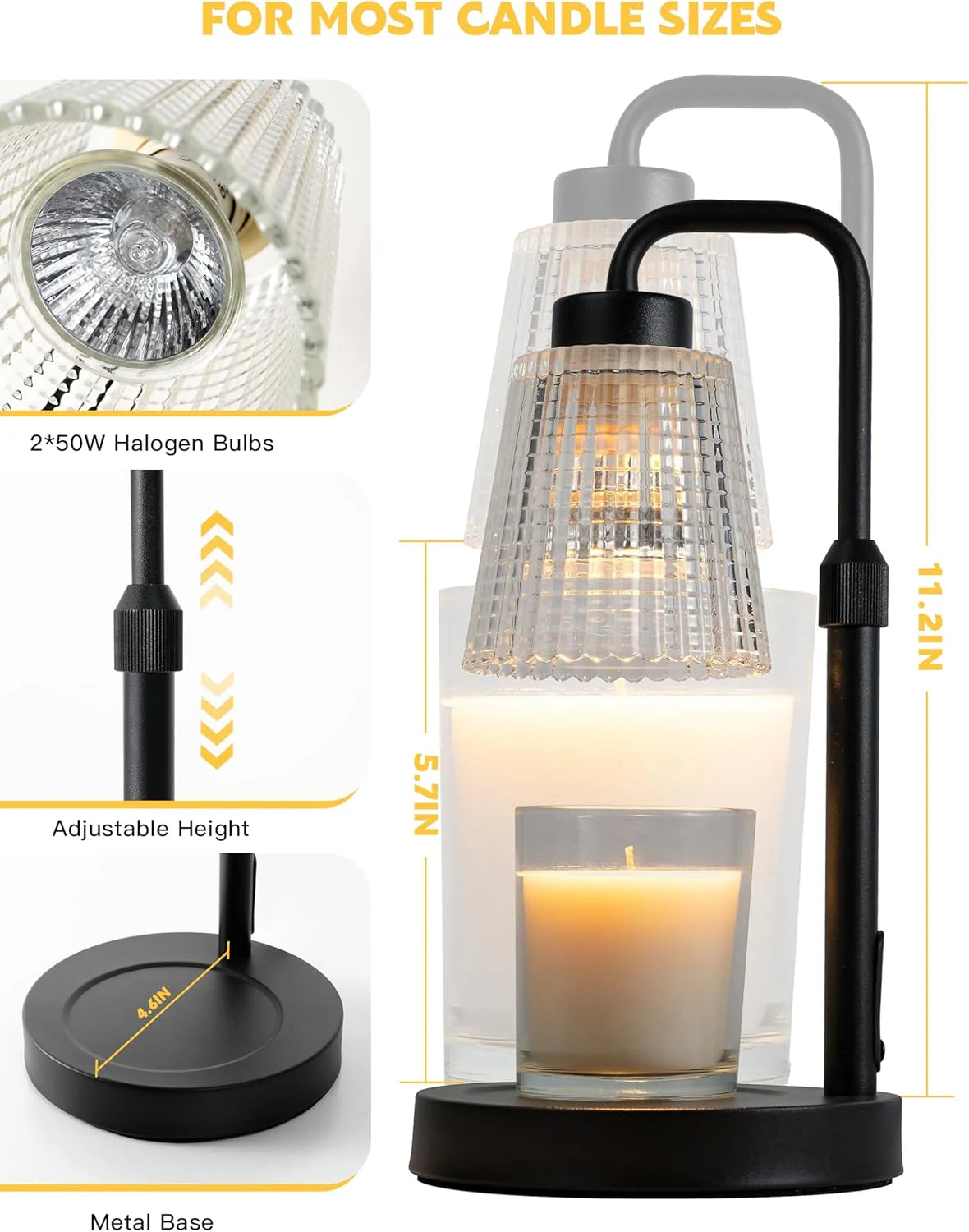Dimmable Candle Warmer Lamp with Timer – Adjustable Height, Includes 2 Bulbs